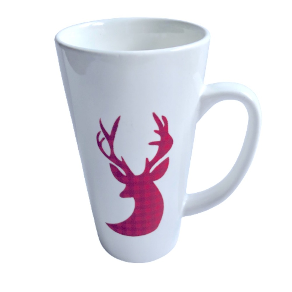 NEW Latte Mug Deer Plaid Reindeer Coffee Ceramic 6” Tall NWOT